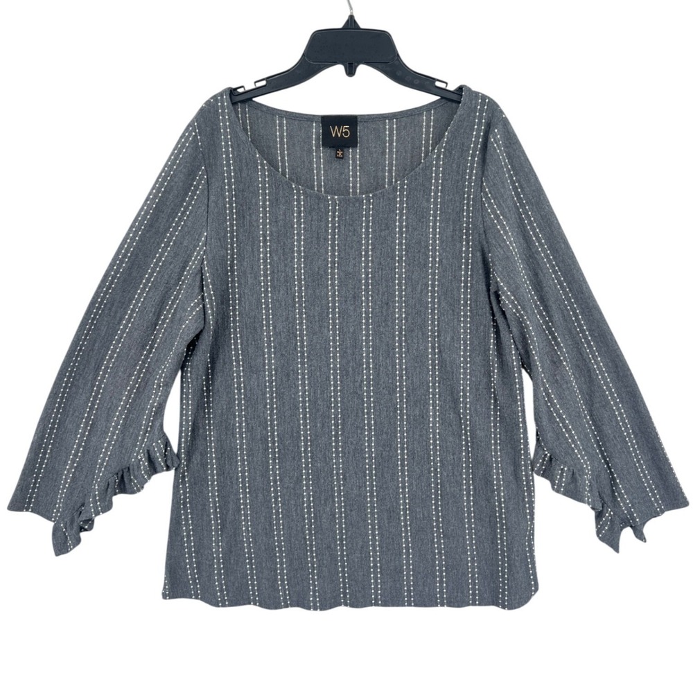 W5 Dark Academia Bell Sleeve Top Size L Grey Pinstripe Ruffle Blouse Whimsigoth